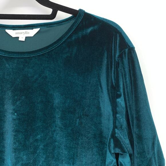Amaryllis Women's Size M Lightweight Ruffle Short Sleeve Velvet Tee Teal Green - Picture 3 of 7